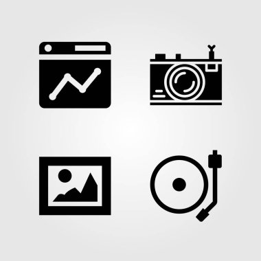 Multimedya simgeler kümesi. Vektör çizim pikap, resim, fotoğraf makinesi ve tarayıcı