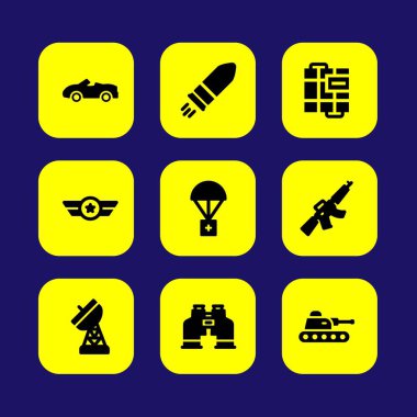 Askeri vektör Icon set. bomba, anten, dürbün ve araba