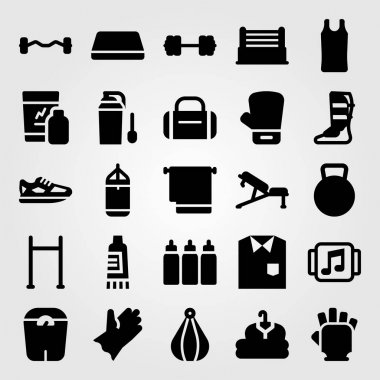 Fitness vektör Icon set. protein, mat, müzik çalar ve halter