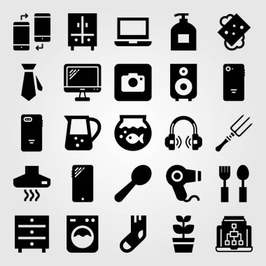 Alışveriş vektör Icon set. balık yuvarlak kase, bitki, dolap ve kulaklıklar