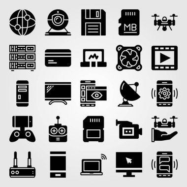 Teknoloji vektör Icon set. monitör, bellek, uçak ve web kamerası