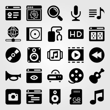 Multimedya vektör Icon set. Kompakt disk, mikrofon, kompakt disk ve tarayıcı