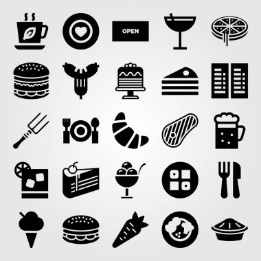 Restoran vektör Icon set. çay bardağı, pasta, pizza ve sebze