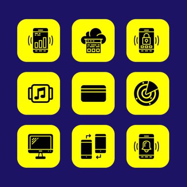 Teknoloji vektör Icon set. monitör, müzik çalar, akıllı telefon ve tv