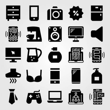 Alışveriş vektör Icon set. çıkarıcı hood, kavanoz, dizüstü bilgisayar ve fotoğraf kamera