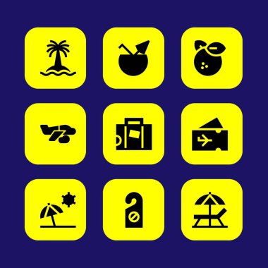 Yaz aylarında vektör Icon set. bavul, kapı kolu, Hindistan cevizi ve uçak bileti