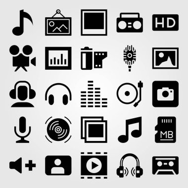 Multimedya vektör Icon set. HD, seren, film oynatıcı ve ses Bar