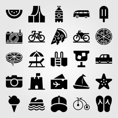 Yaz aylarında vektör Icon set. kokteyl, kap, çadır ve araba