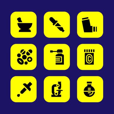 Tıp vektör Icon set. mikroskop, şişesi, oksijen tüpü ve pipet