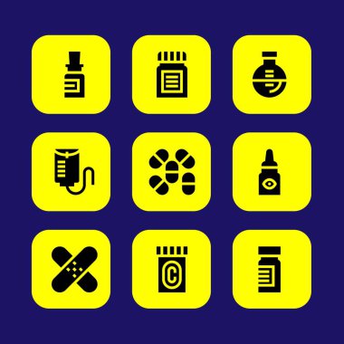 Tıp vektör Icon set. göz damlası, hap, sayaç ve şişeyi bırak