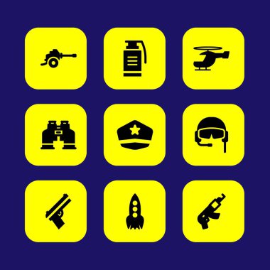 Askeri vektör Icon set. asker şapka, dürbün, silah ve el bombası