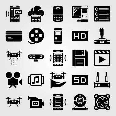 Teknoloji simge vektör ayarlayın. bulut bilgi işlem, yönlendirici, hd ve film rulo