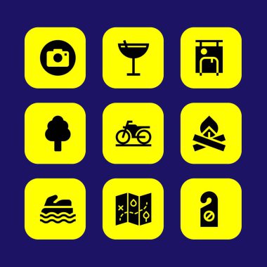 Yaz aylarında vektör Icon set. kapı tokmağı, motosiklet, harita ve fotoğraf fotoğraf makinesi