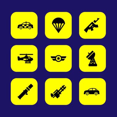 Askeri vektör Icon set. Araba, paraşüt, silah ve helikopter