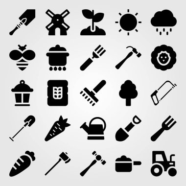 Bahçe vektör Icon set. buğday, çekiç, arı ve ağaç