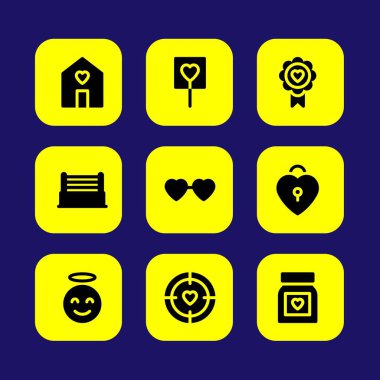 Sevgililer günü vektör Icon set. kalp gözlük, aşk asma kilit, lolipop ve melek 