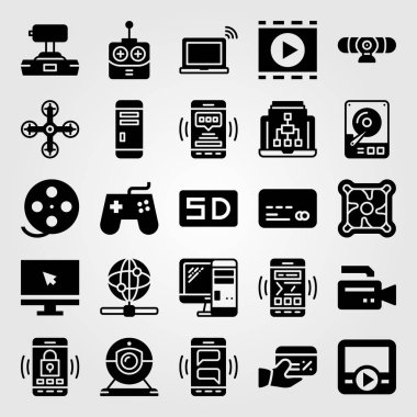 Teknoloji vektör Icon set. PC case, film oynatıcı, video kamera ve akıllı telefon