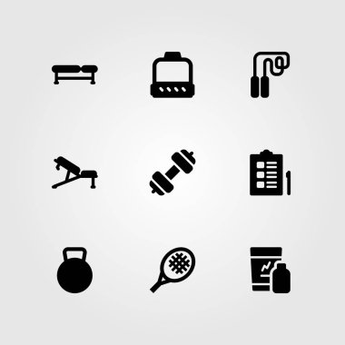 Fitness vektör Icon set. kettlebell, tezgah, sarsıntı ve atlama