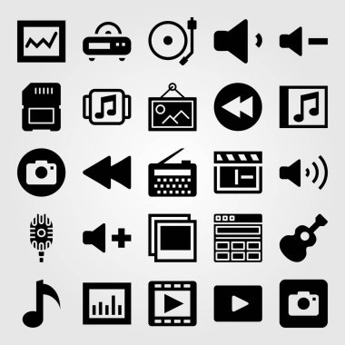 Çoklu ortam simgesini vektör ayarlayın. Müzik Notası, müzik çalar, analytics ve gitar