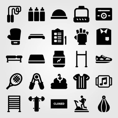 Fitness vektör Icon set. Delme, spor Bar, çekin ve tezgah