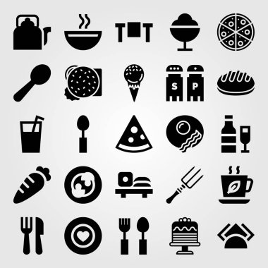 Restoran vektör Icon set. buz krem, havuç, çorba ve çay Kupası