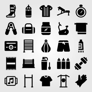 Fitness vektör Icon set. Mustafa, spor pantolon, delme bar ve delme