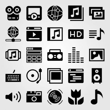 Multimedya vektör Icon set. birim, hd, kompakt disk ve nota
