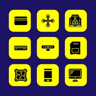 Teknoloji vektör Icon set. DVD oynatıcı, kredi kartı, akıllı telefon ve monitör