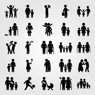 İnsanlar Icon set vektör. Çocuklar, kalp, işadamı ve yaşlı kadın kadın ile