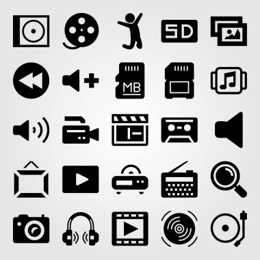 Çoklu ortam simgesini vektör ayarlayın. fotoğraf makinesi, hoparlör, film oynatıcı ve video/müzik çalar