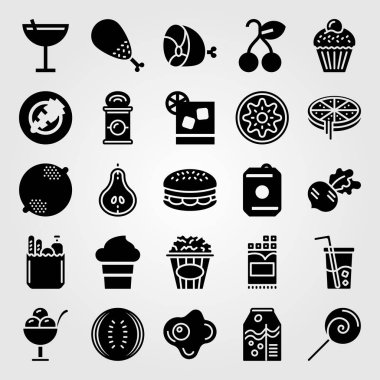 Yiyecek ve içecekler Icon set vektör. portakal suyu, kokteyl, havuç ve kivi