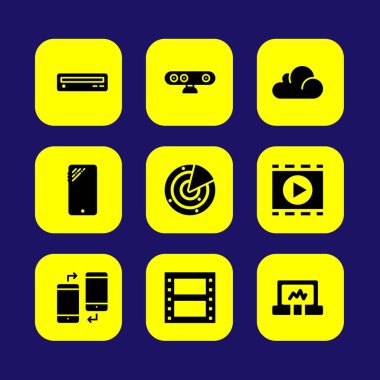 Teknoloji vektör Icon set. dizüstü bilgisayar, film rulo, bulut hesaplama ve dvd oynatıcı