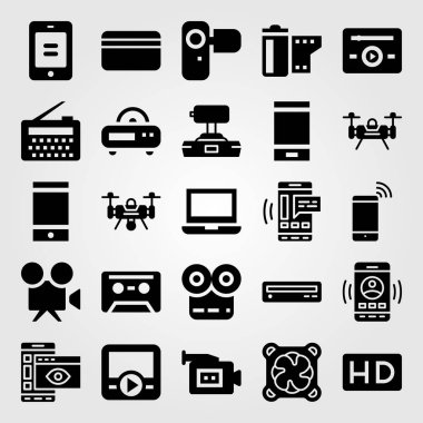 Teknoloji vektör Icon set. Smartphone, dron, soğutucu ve camcoder