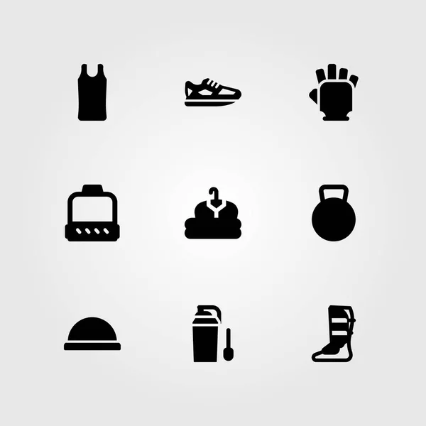 Conjunto de ícones vetoriais de fitness. bola, luvas de ginástica, polia e sapatos —  Vetores de Stock