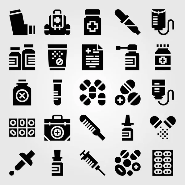 Medizinisches Vektor-Symbol gesetzt. Tabletten, Thermometer, Gift und Nasenspray — Stockvektor