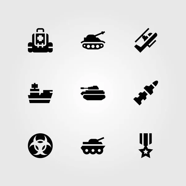 Weapon vector icon set. cruiser, tank, rocket and medal — Stock Vector