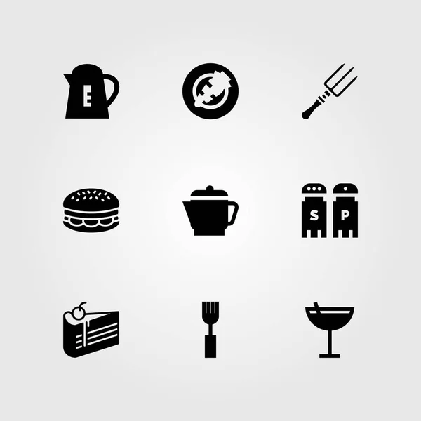 Набор векторных значков ресторана. бургер, соль и перец, вилка и чайник — стоковый вектор