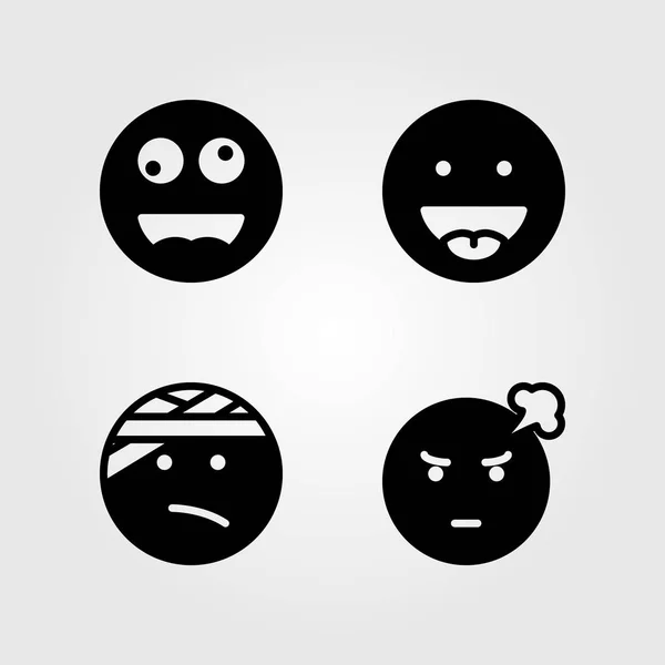 Emotions vector icon set. smile, injured, angry and crazy — Stock Vector