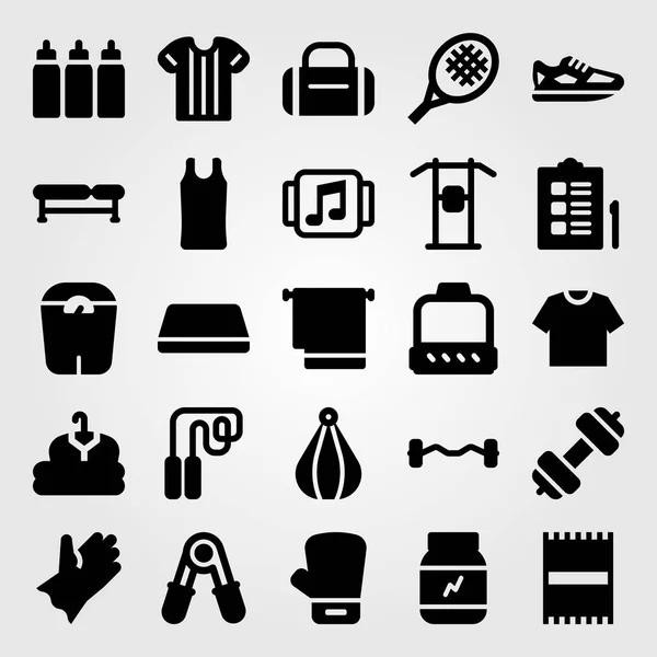 Conjunto de ícones vetoriais de fitness. bola de perfuração, roupas, pano e banco — Vetor de Stock