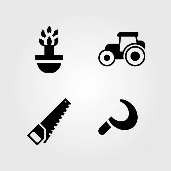 Conjunto de ícones de jardim. Trator de ilustração vetorial, serra manual, planta e foice — Vetor de Stock