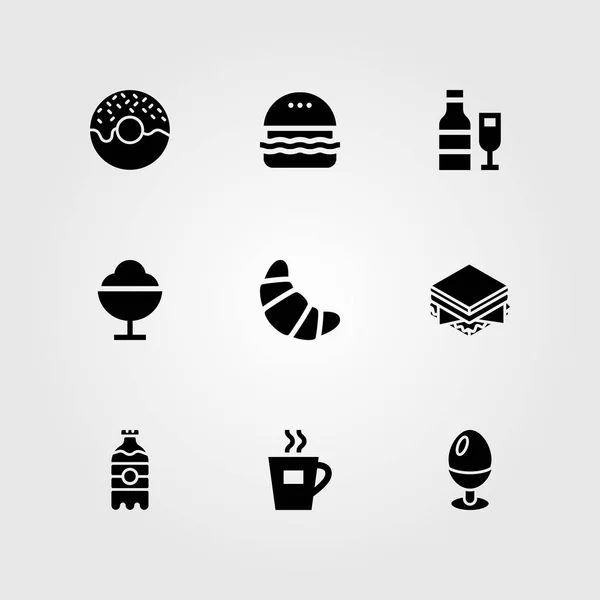 Makanan dan minuman ikon vektor ditetapkan. Sandwich, croissant, telur dan teh - Stok Vektor