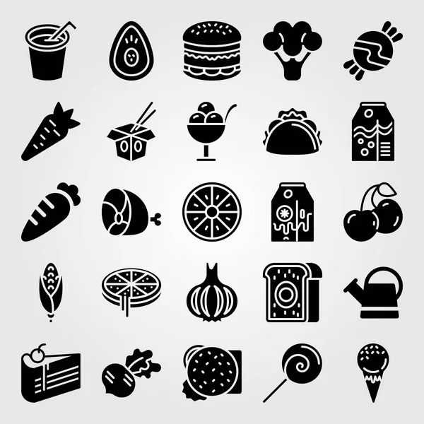 Alimentos y bebidas icono conjunto de vectores. leche, cerezas, lata y carne — Archivo Imágenes Vectoriales