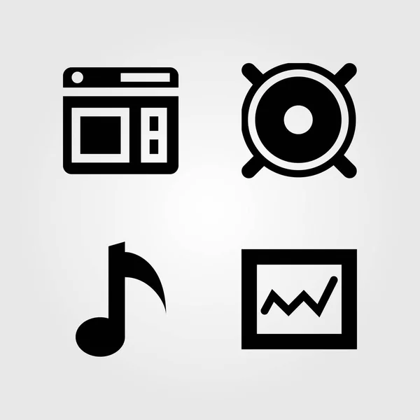 Conjunto de iconos multimedia. Ilustración vectorial nota musical, altavoz, analítica y navegador — Vector de stock