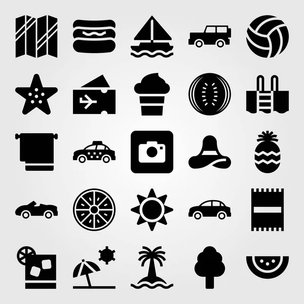Conjunto de iconos vectoriales de verano. árbol, toalla, cámara fotográfica y billete de avión — Vector de stock