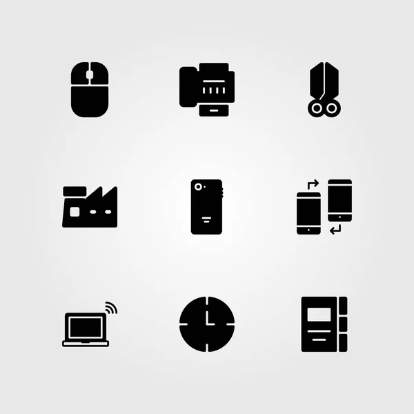 Business vector icon set. laptop, clock, factory and scissors — Stock Vector