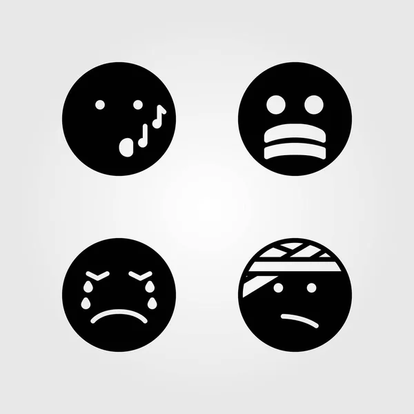 Emociones vector icono conjunto. llanto, sonrisa, estrés y silbido — Archivo Imágenes Vectoriales