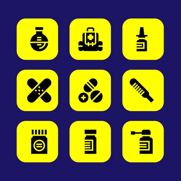 Conjunto de iconos de vector médico. kit de primeros auxilios, parche, aerosol nasal y frasco — Vector de stock