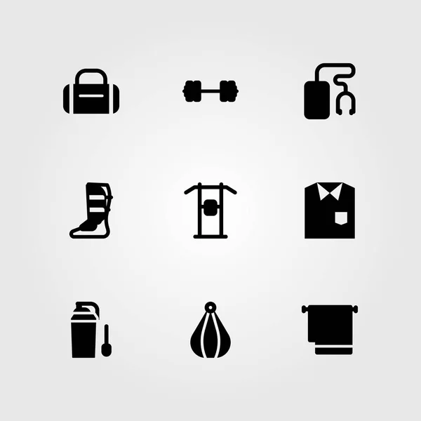 Fitness vektör Icon set. gömlek, protein, havlu ve delme — Stok Vektör