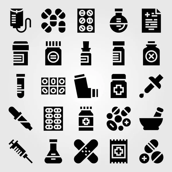 Conjunto de iconos de vector médico. parche, ayuda, frasco y tabletas — Archivo Imágenes Vectoriales