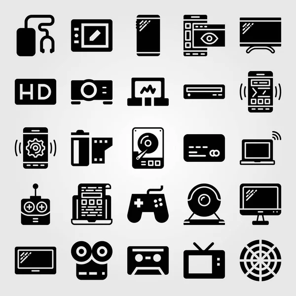 Conjunto de iconos de vector tecnológico. reproductor de películas, control remoto, reproductor de música y tarjeta de crédito — Vector de stock